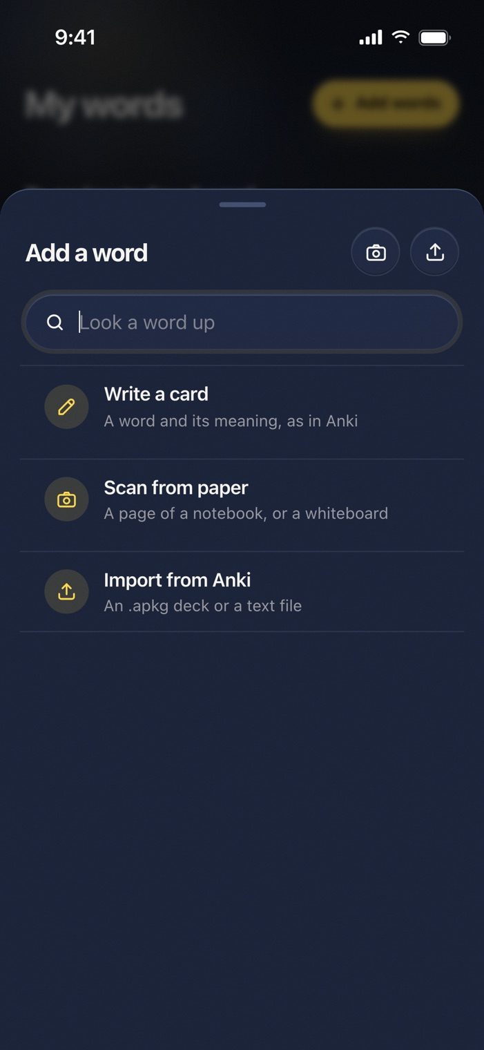 Add a word in Langvie: a dictionary search, then Write a card, Scan from paper for a notebook page or a whiteboard, and Import from Anki.