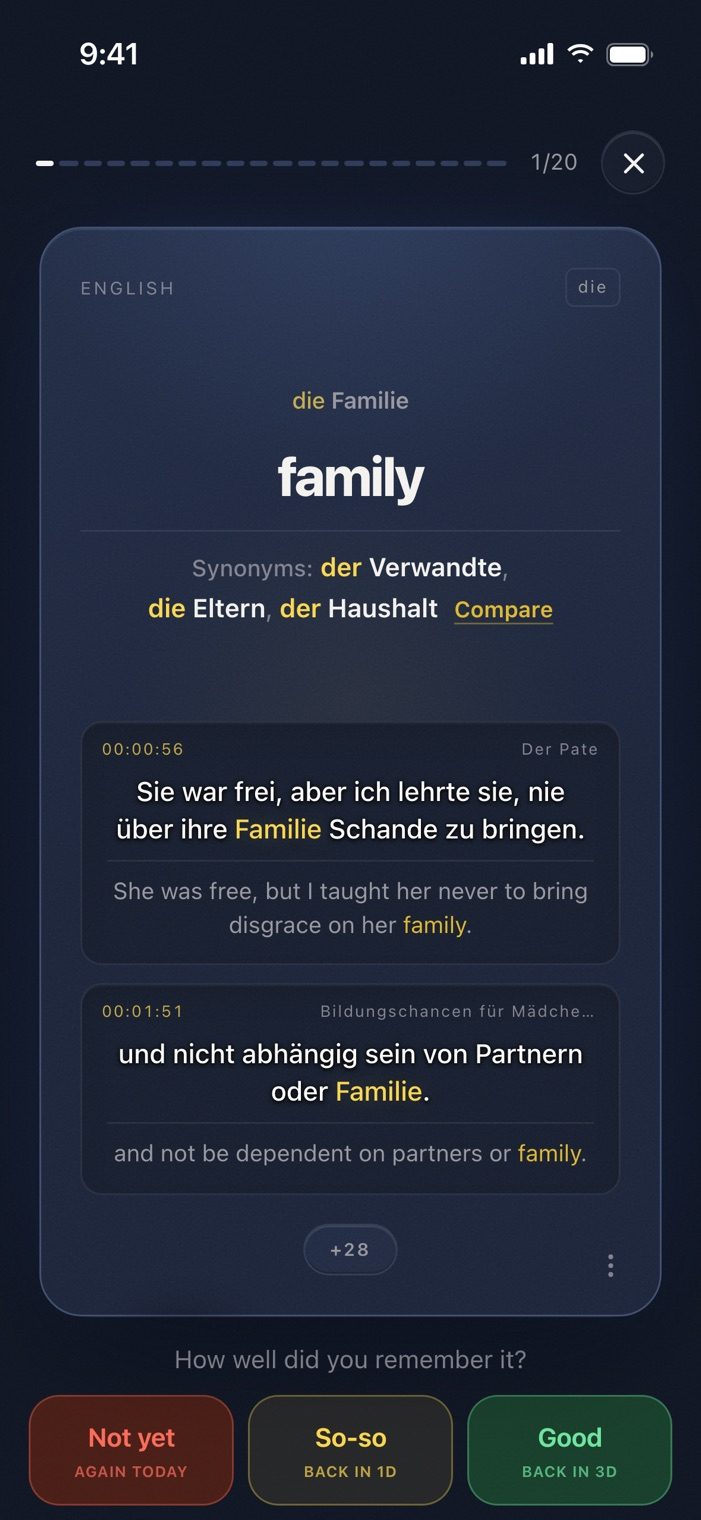 A Langvie card turned over: die Familie, family, with the synonyms der Verwandte, die Eltern and der Haushalt, above two lines that quote it, one from Der Pate at 00:00:56 and one from a video about girls' education.