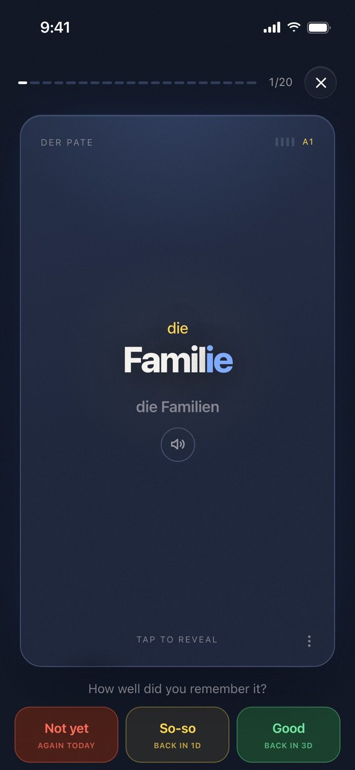 A Langvie card, front side: die Familie with its plural die Familien and a speaker button under it, above the three answers Not yet, So-so and Good.