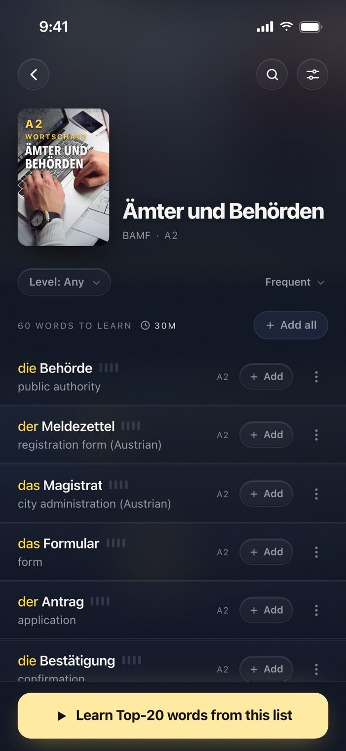 The Word Collection Ämter und Behörden at A2 in Langvie: die Behörde, der Meldezettel, das Magistrat, das Formular, each with its meaning and an Add button.
