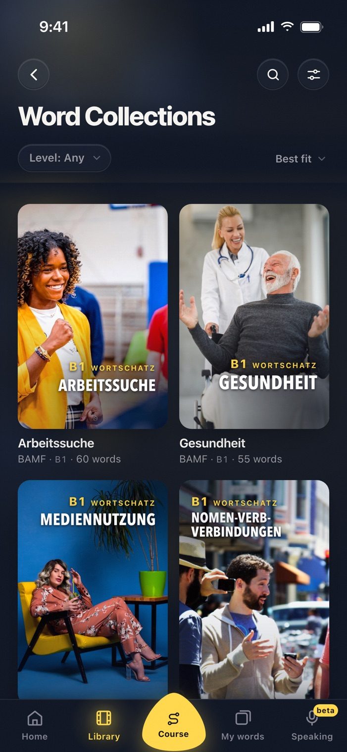 Word Collections in Langvie: B1 lists for Arbeitssuche, Gesundheit, Mediennutzung and Nomen-Verb-Verbindungen, each with its level and word count.