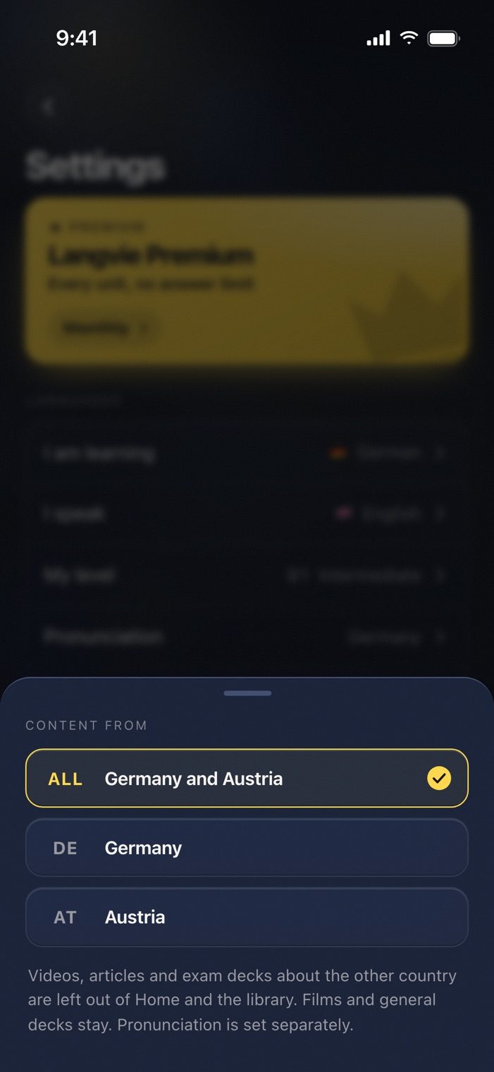 The Content from setting in Langvie: Germany and Austria, Germany, or Austria, with a note that material about the other country is left out of Home and the library.