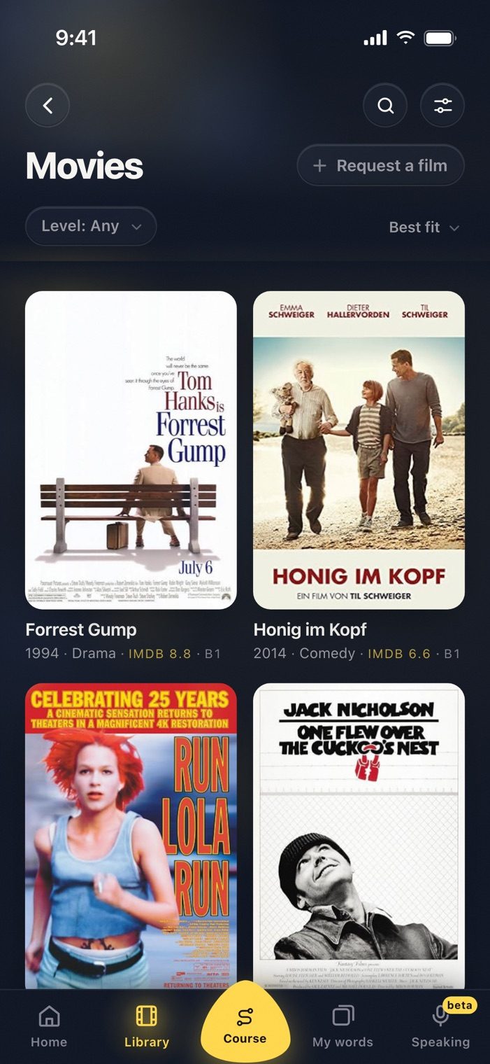 The Langvie library, a grid of German film and series covers with IMDb ratings and CEFR levels.